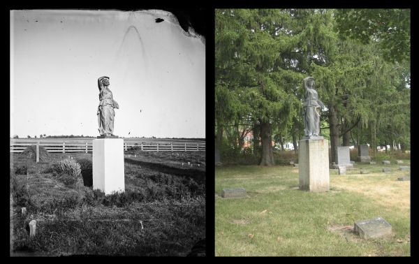 A vintage view and a modern view of a sculpture of a woman, presented as a pair. The sculpture became a memorial marker for Mary McFarland (died April 1, 1879) in the McFarland Cemetery.  