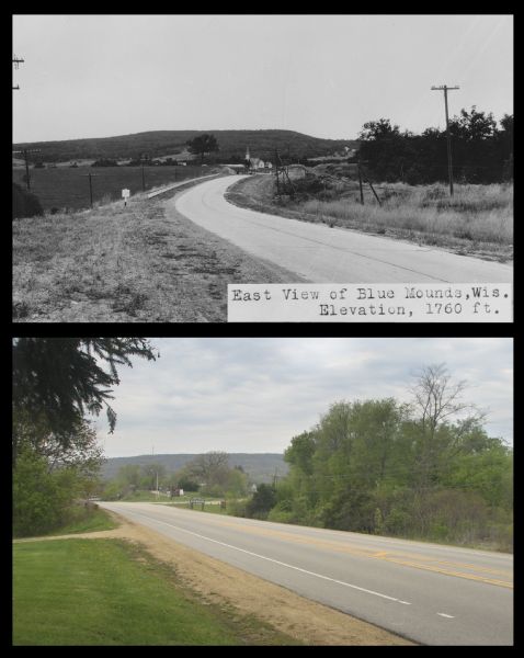 A vintage view and a modern view of a road to Blue Mounds, presented as a pair.