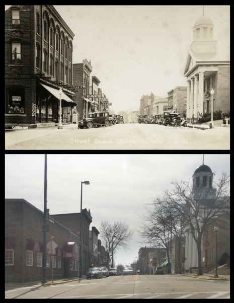 A vintage view and a modern view down Main Street.