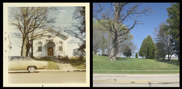 A vintage view of Cornish Primitive Methodist Episcopal Church, and a modern view of the same location without the church, presented as a pair.