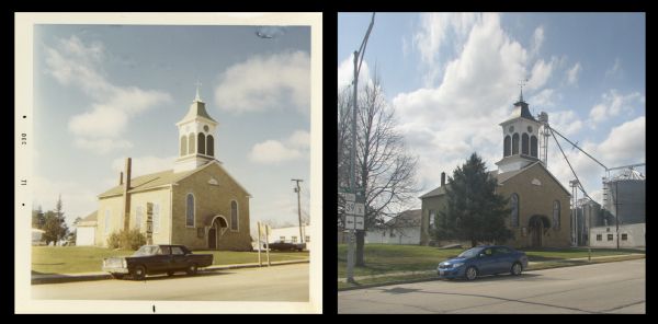 A vintage view and a modern view of a stone church built in 1851 at the junction of Highway 39 and County Trunk X, presented as a pair.