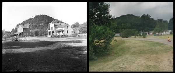 A vintage view of Loddis Mill and Mill's Saloon, and a modern view of a home in the same location.
