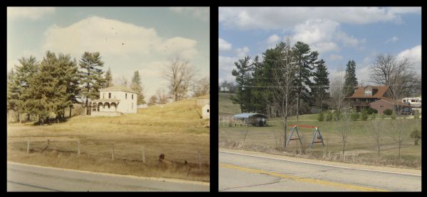 A vintage view of an abandoned farmhouse on Highway 39 between Linden and Mineral Point, and a modern view of a house on the same location. The images are presented as a rephotography pair.