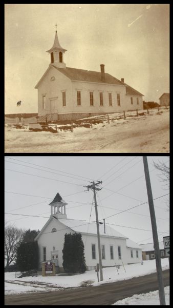 A vintage view and a modern view of a church, presented as a pair. In the vintage view, the church was a Methodist Episcopal church. In the modern view, it is Waldwick Community Church at 136 Wykoff Avenue.