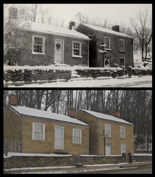 A vintage view and a modern view of stone buildings on Shake Rag Street, presented as a pair. In the vintage view, the buildings were the homes of coal miners. In the modern view, they are Pendarvis and Trelawny houses.