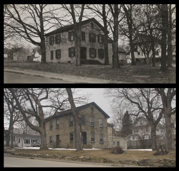 A vintage and a modern view of the house of Moses Strong, presented as a pair.