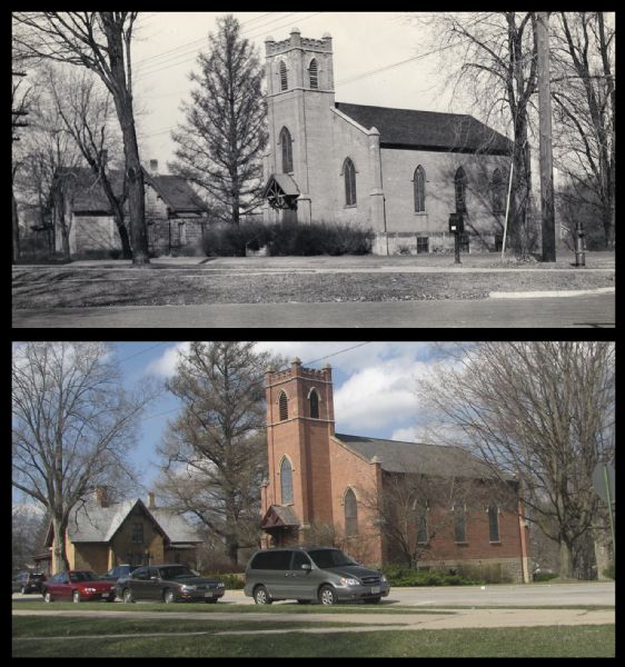 A vintage view and a modern view of Trinity Church, presented as a pair. The church has tall windows and is surrounded by trees. 