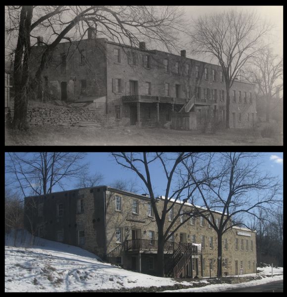 A vintage view of the Walker Hotel and a modern view of the Walker House in the same building, presented as a pair. The stone building has a second-story porch. 