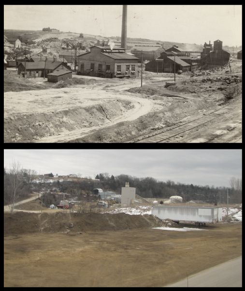 A vintage view and a modern view of the zinc works site, presented as a pair. Views include industrial buildings and snow.