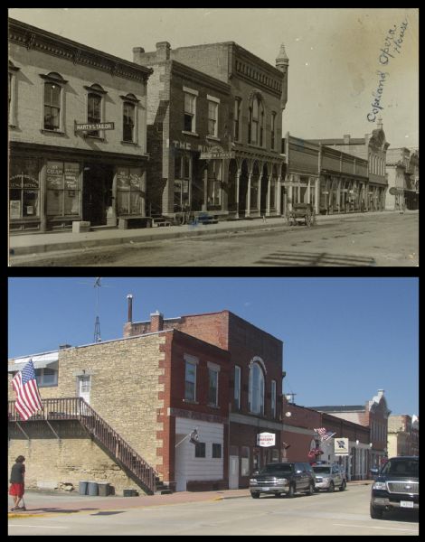 A vintage view and a modern view of downtown Shullsburg from the corner of Judgement Street, presented as a pair. 