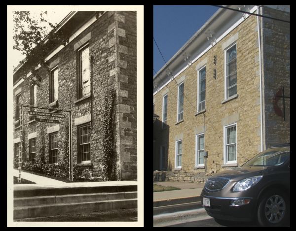 A vintage view and a modern view of the side wall of a Methodist Episcopal church, presented as a pair.