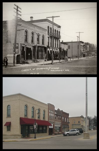 A vintage view and a modern view of downtown businesses, presented as a pair. The views are from the corner of Brodhead and Hudson Streets.