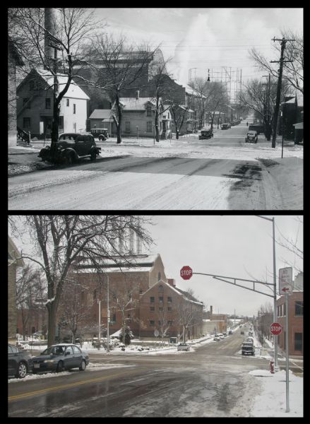 A vintage and a modern view of the intersection of Blair and Main Streets, presented as a pair. The views show snow on the ground, parked cars and brick buildings.