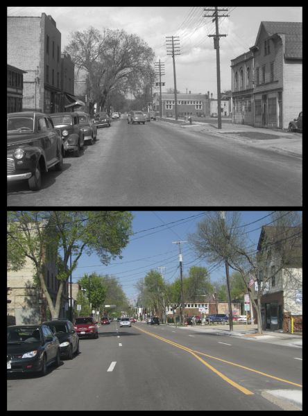 A vintage view and a modern view down Williamson Street, presented as a pair. The views are from the 1200 block and include businesses.