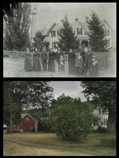 A vintage view and a modern view of Tower Rock Farm, presented as a pair. The vintage view shows the Jacob Gasser family posing in front of the farmhouse. The modern view shows the farm with a large bush in the front yard.