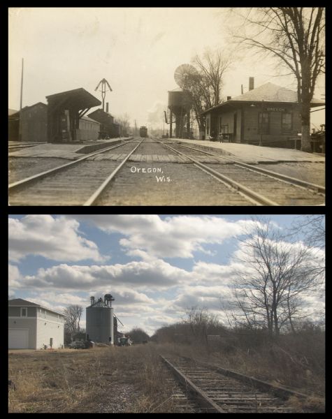 A vintage view and a modern view of railroad tracks, presented as a pair. The vintage view shows the Chicago and Northwestern Railway depot and tracks. The modern view shows overgrown, unused railroad tracks in the same location.