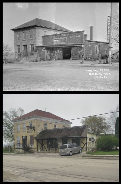 A vintage view and a modern view of a commercial building, presented as a pair. The vintage view shows the Roxbury general store and automotive shop. The modern view shows the Roxbury Tavern in the same location.