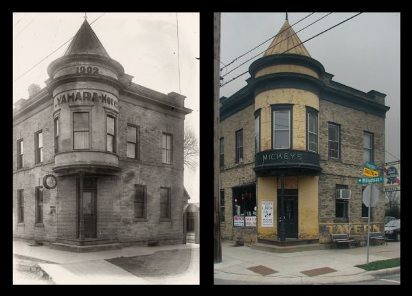 A vintage view and a modern view of the turreted building at 1524 East Williamson Street, presented as a pair. The vintage view shows the building when it was the Yahara Hotel and the modern view shows it as Mickey's Tavern.