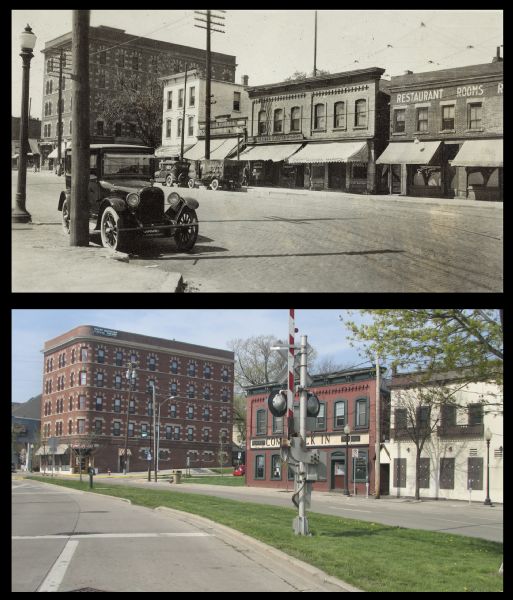 A vintage view and a modern view of the 500 block of East Wilson Street, presented as a pair. The views show businesses including the Cardinal Hotel/Bar. 