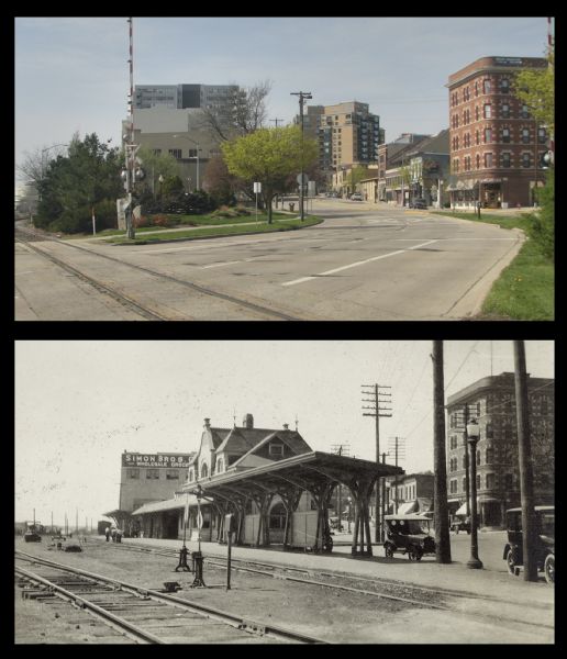 A vintage view and a modern view of the railroad crossing on East Wilson Street, presented as a pair. The vintage view shows the East Madison Chicago, Milwaukee & St. Paul railroad station at 501 East Wilson Street. The modern view shows railroad tracks, condominiums, and businesses, including the Cardinal Bar, on the 400 block.