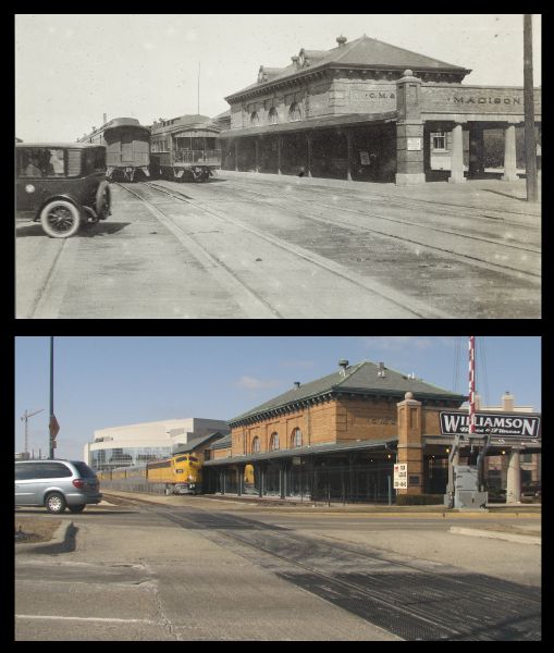 A vintage view and a modern view of the train depot on West Washington Avenue, presented as a pair. The vintage view shows the West Madison Chicago, Milwaukee, & St. Paul railroad station. The modern view shows the Historic Train Depot at 640 West Washington Avenue, in the same location.