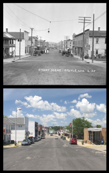 A vintage view and a modern view down a main street of downtown Argyle, presented as a pair. 