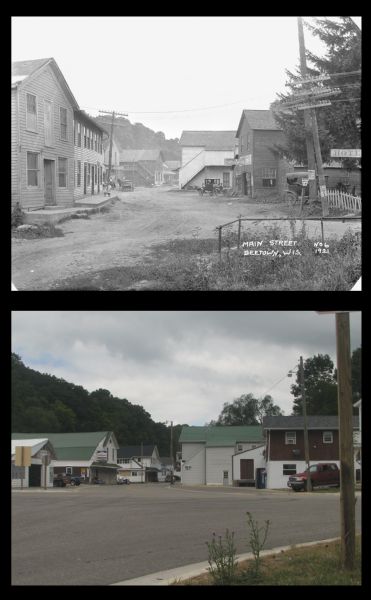A vintage view and a modern view down Main Street, presented as a pair. 
