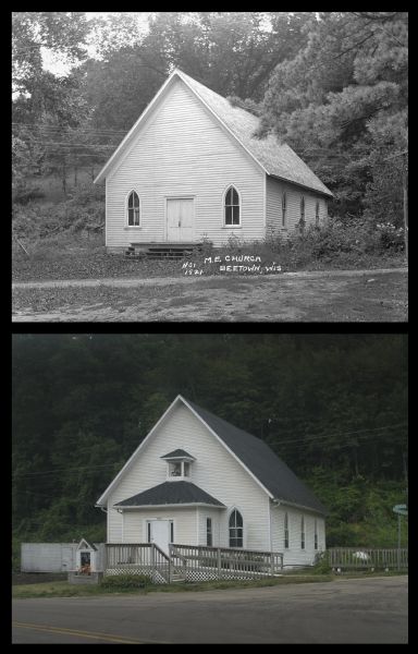 A vintage view and a modern view of the Methodist Evangelical Church, presented as a pair.