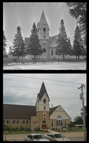 A vintage view and a modern view of a church, presented as a pair. 