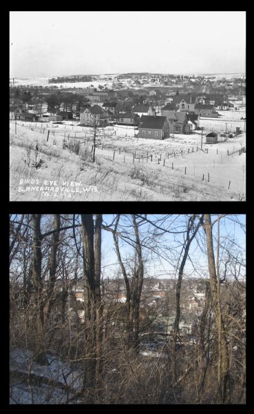 A vintage view and a modern view of Blanchardville from a high vantage point, presented as a pair. In the modern view, the town is seen through an overgrowth of trees.