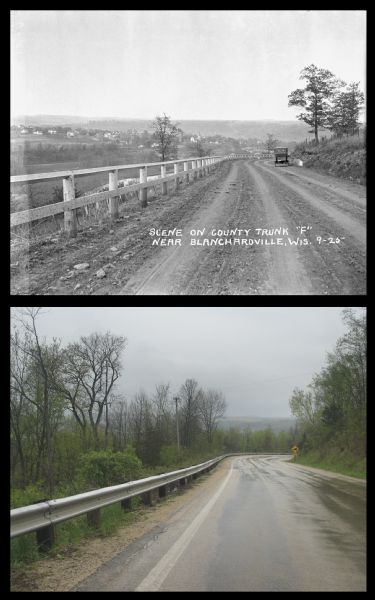 A vintage view and a modern view of Darlington Road at County Trunk F, presented as a pair. 