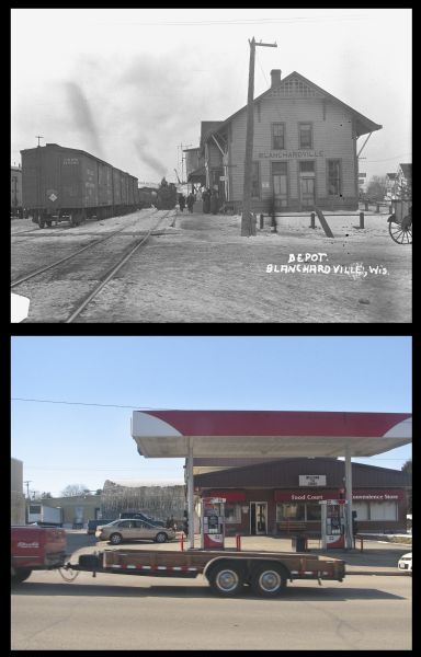 A vintage view and a modern view of the same location in Blanchardville, presented as a pair. The vintage view shows the Blanchardville Depot on the site, while the modern view shows a Cenex Station.