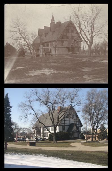 A vintage view and a modern view of the horse barn on the University of Wisconsin-Madison campus, presented as a pair.