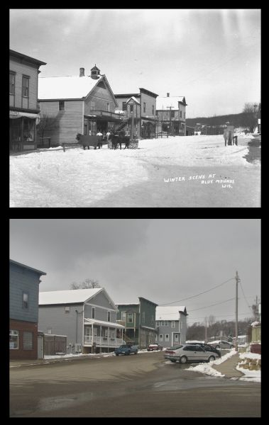 A vintage view and a modern view of buildings in the downtown area, presented as a pair. There is snow on the ground. The vintage view shows horses and wagons, while the modern view includes parked cars.
