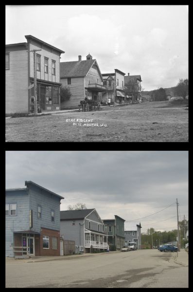A vintage view and a modern view of buildings in downtown Blue Mounds, presented as a pair. The buildings house businesses such as restaurants, bars, and a post office.