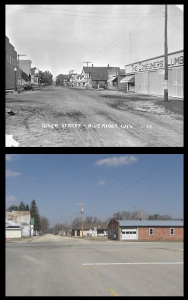 A vintage view and a modern view of the downtown business district Blue River, presented as a pair. 