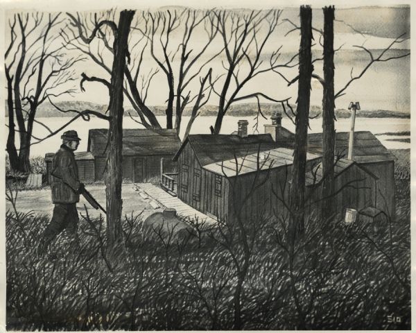 Photograph of a watercolor painting of a hunter walking in tall grass among trees by the Johnson duck shack at old Cherokee Marsh.