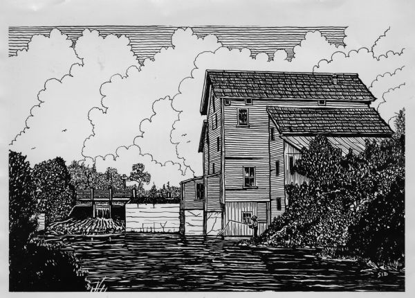 Black ink line drawing of a fisherman on the bank of Big Spring Creek near a power house and dam. Puffy clouds fill the sky in the background and thick vegetation lines the creek. Authorship for the drawing is "Sid," visible in the lower right hand corner.