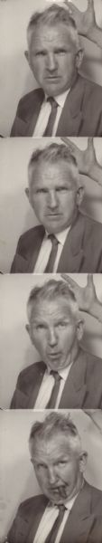 Four photo booth portraits of Sid making faces. In the last, he has a cigar in his mouth. In all four, an unidentified hand is making shapes behind his head.