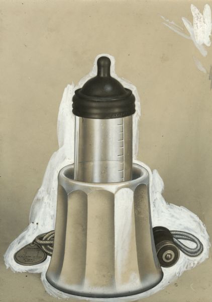 Sid Boyum airbrushed photograph of a baby bottle in an electric bottle warmer.