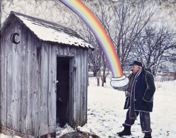 Outdoor view of Sid standing in the snow looking at an outhouse. He is holding a chamber pot at the end of the rainbow. A half moon symbol has been drawn onto the side of the outhouse.