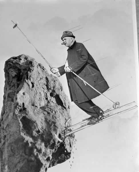 Composite of two photographic images depicting Sid flying through the air on snow skis, which have run into a huge rock. The tips of the skis have broken off and parts of the rock are falling off in pieces. Sid has a cigar in his mouth and is holding one ski pole up in the air. Marks drawn onto the image portray speed.
