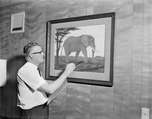 Dr. Carl Forsmark holding a paintbrush up to an oil painting of an elephant, which is framed and hanging on the wall.  "That painting is the first oil painting I ever did, I just wanted something to remind me of how it looked." Dr. Fosmark was a big game hunter for 50 years who turned to photographing animals and birds instead. He died in 1994 at age 85. 