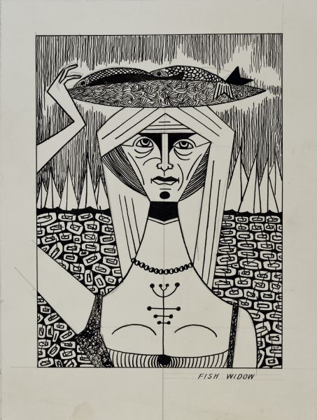 Pen and ink drawing of a woman with a basket of fish balanced on her head. Done in angular, geometric abstraction. Background of block pattern, topped with pointed "shards' and finished with hatching. Woman is seen from upper torso, with one arm raised to steady the basket of two fish. She wears a head cloth that falls down her back, a necklace, and a sleeveless dress. There is a cryptic design of straight and curved lines with dots. Title at bottom: "Fish Widow" and signed "Sid."