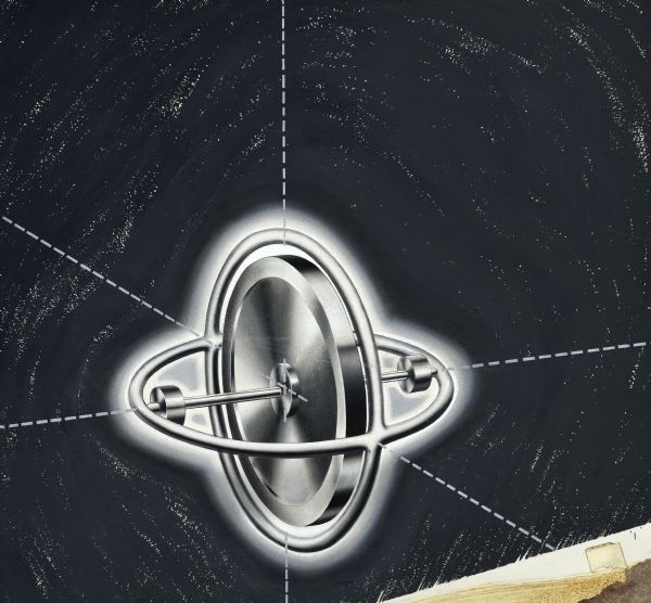 Illustration art of a gyroscope on a black speckled background with dashed white lines extending in six directions from the center. Lower right-hand corner is white with evidence of glued overlay. 