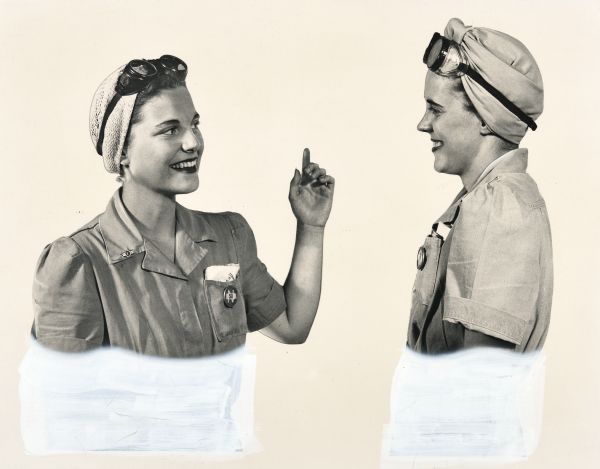 Illustration art of two female factory workers speaking to each other. The woman on the left is in three-quarter view. She has her arm raised with index finger pointing up, and is wearing a uniform with a button pinned on the left pocket that has a logo bearing the letter "N," a white bar and the number 50. Her hair is covered by a crocheted hat that is bound to her head by a pair of safety goggles. The woman on the right is in profile listening and smiling, wearing a similar coverall uniform, and has her hair covered by a scarf that is also bound to her head by a pair of safety goggles.