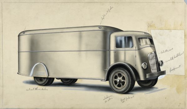 Illustration art of an unmarked delivery van. All corners are rounded and the cab is more flat-fronted on added overlay than original drawn underneath. The illustration is marked with editing notes for graphic design changes.