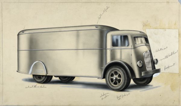 Illustration art of an unmarked delivery van. All corners are rounded and the cab is more flat-fronted on added overlay than original drawn underneath. The illustration is marked with editing notes for graphic design changes. 