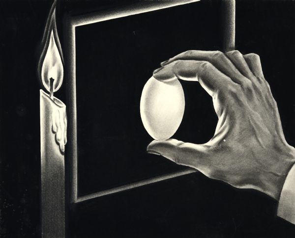Illustration art of candling an egg. On a black background, the bright flame at the end of a tapered candle on the left illuminates a right hand holding up an egg in front of a white-edged black rectangular frame.