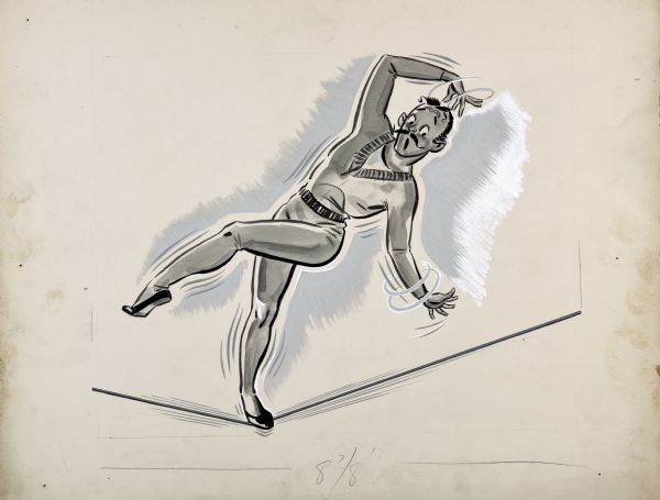 Humorous illustration art of a male tightrope walker wearing tights, slippers and v-necked top struggling for balance. He has one foot on the wire, and the other leg is in the air helping him to balance. Motion lines highlight the struggle.